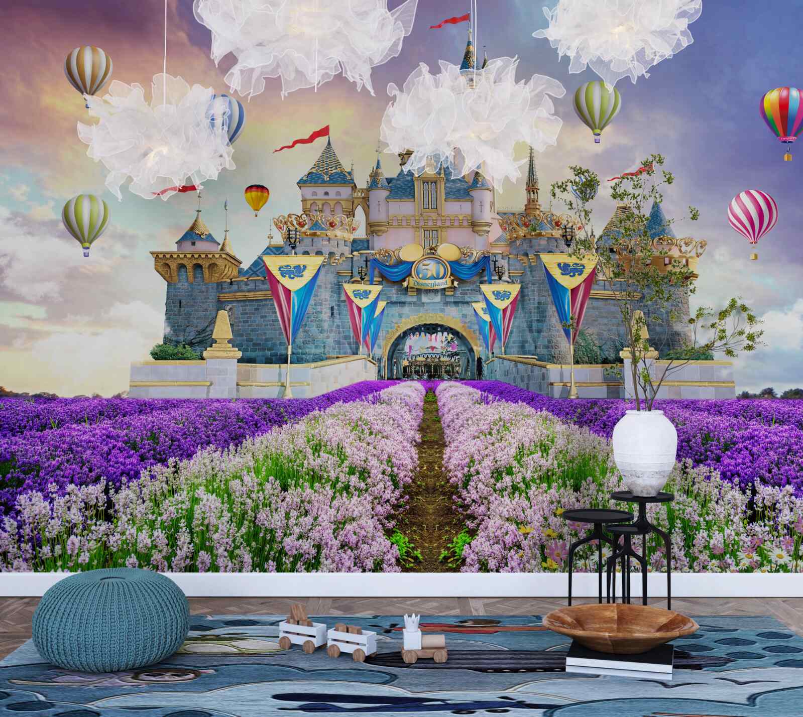 Fototapeta polia s levanduľou na pozadí čarovného hradu