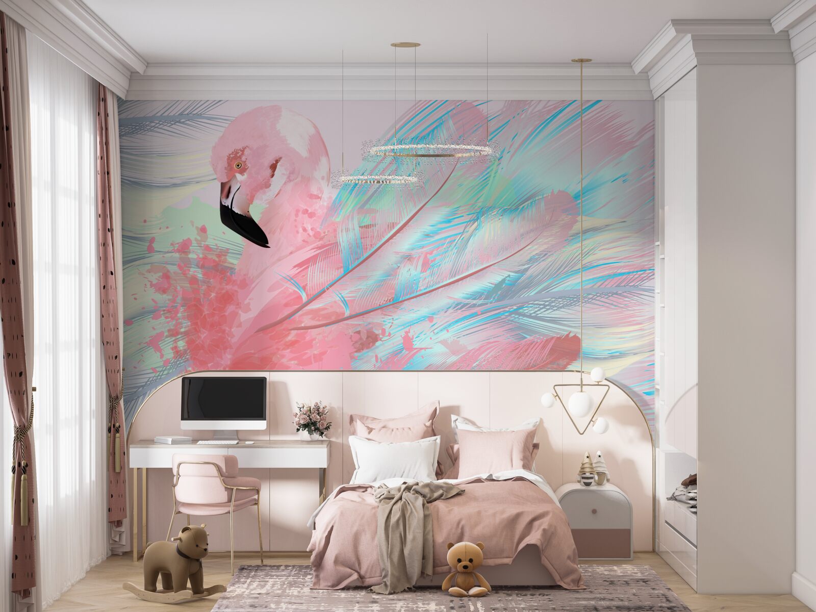 Fototapeta z peria sa vytvoril ružový plameniak