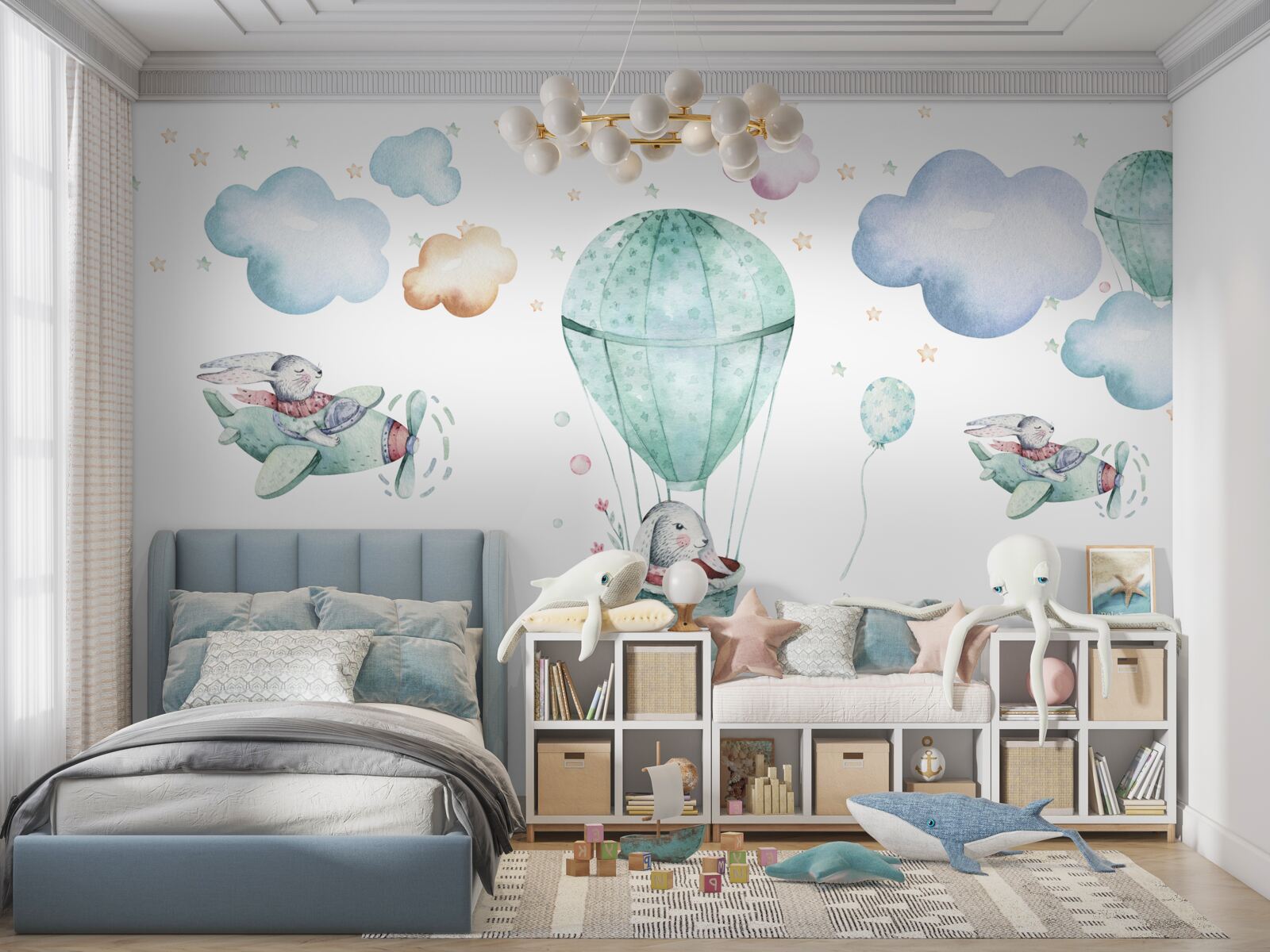 Fototapeta balóny a lietadlá so zajačikmi