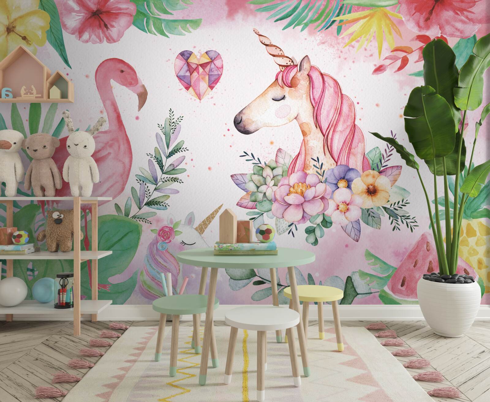 Fototapeta jednorožec a ružový plameniak