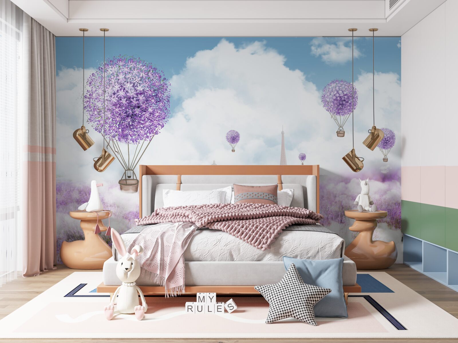 Fototapeta pole s levanduľou a lietajúcimi balónmi