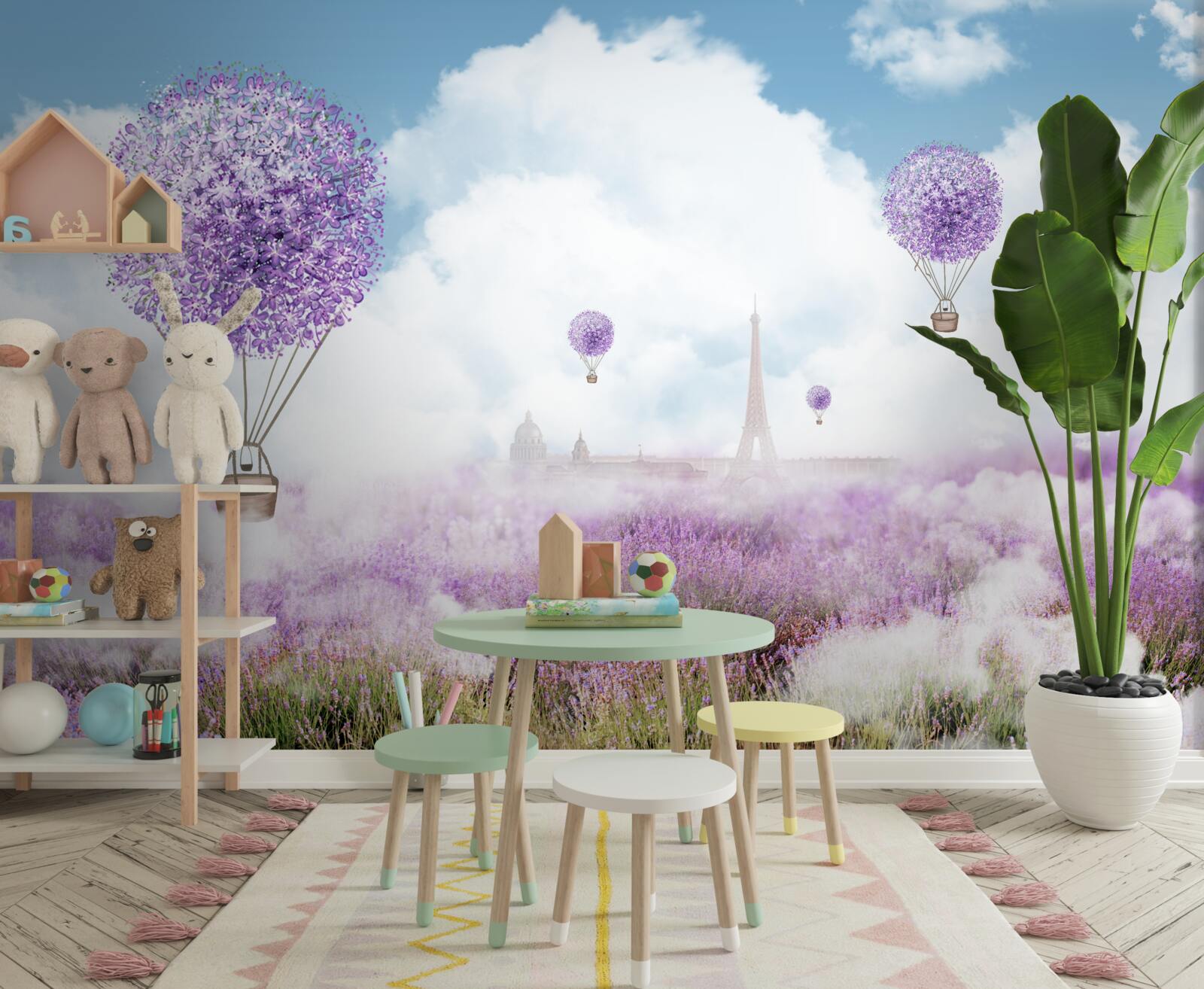 Fototapeta pole s levanduľou a lietajúcimi balónmi