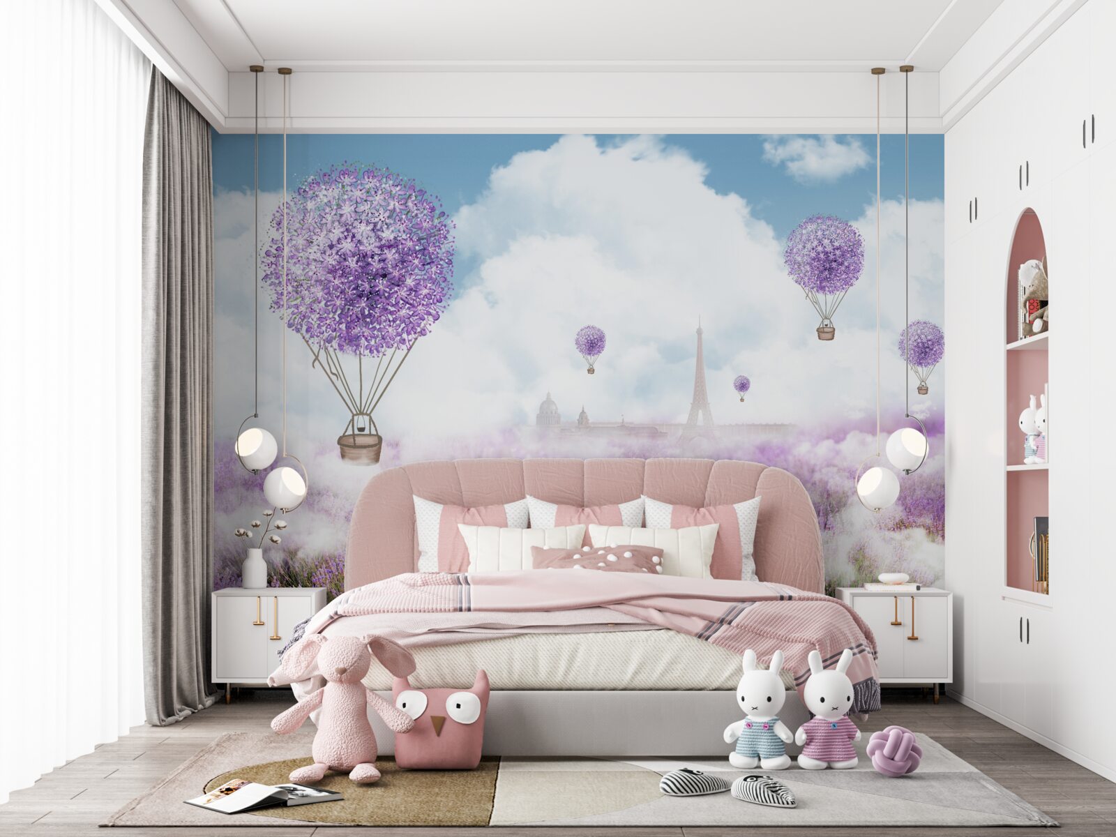 Fototapeta pole s levanduľou a lietajúcimi balónmi