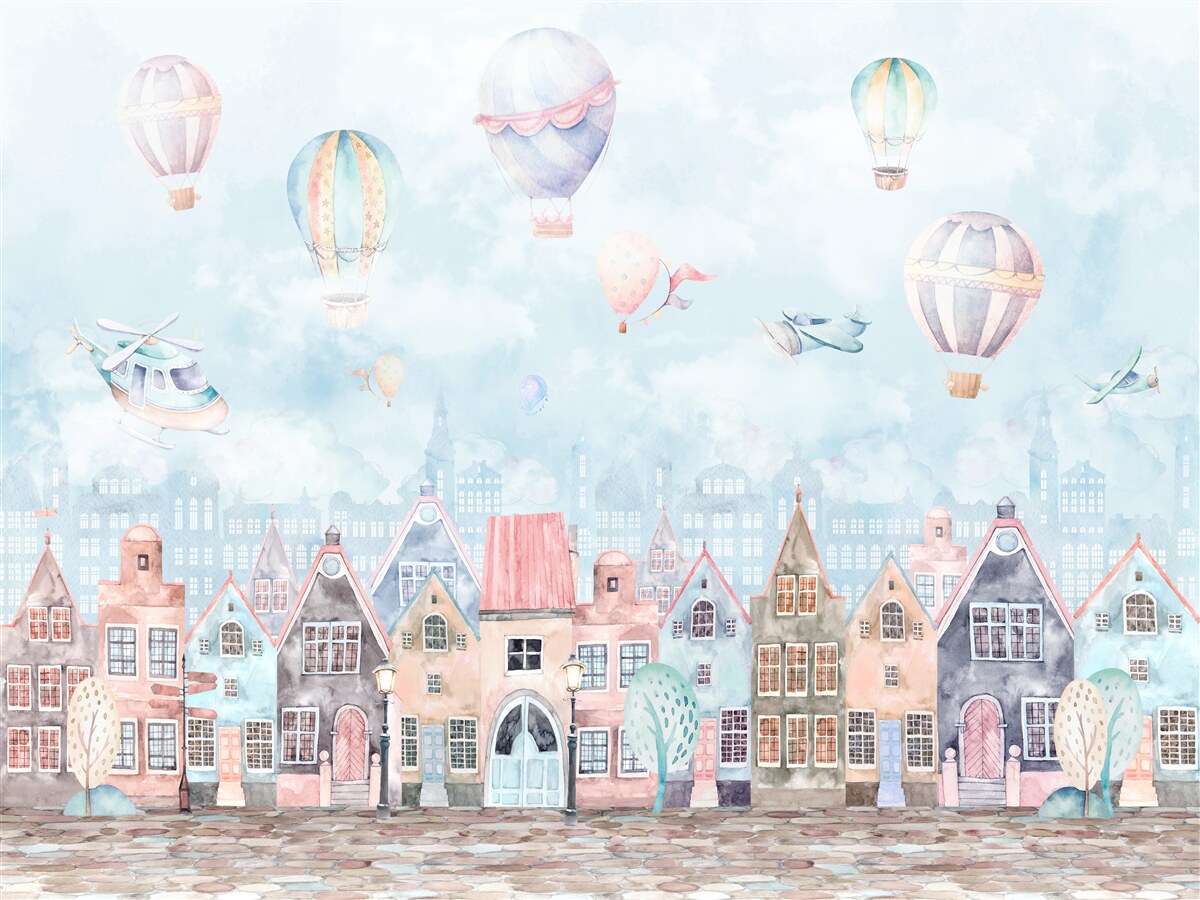 Fototapeta teplovzdušné balóny plávajú nad domami pomaľovanými rôznymi farbami