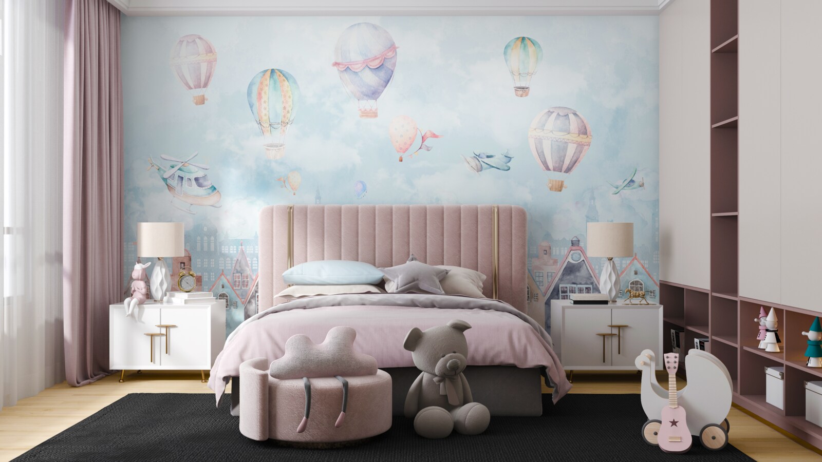 Fototapeta teplovzdušné balóny plávajú nad domami pomaľovanými rôznymi farbami