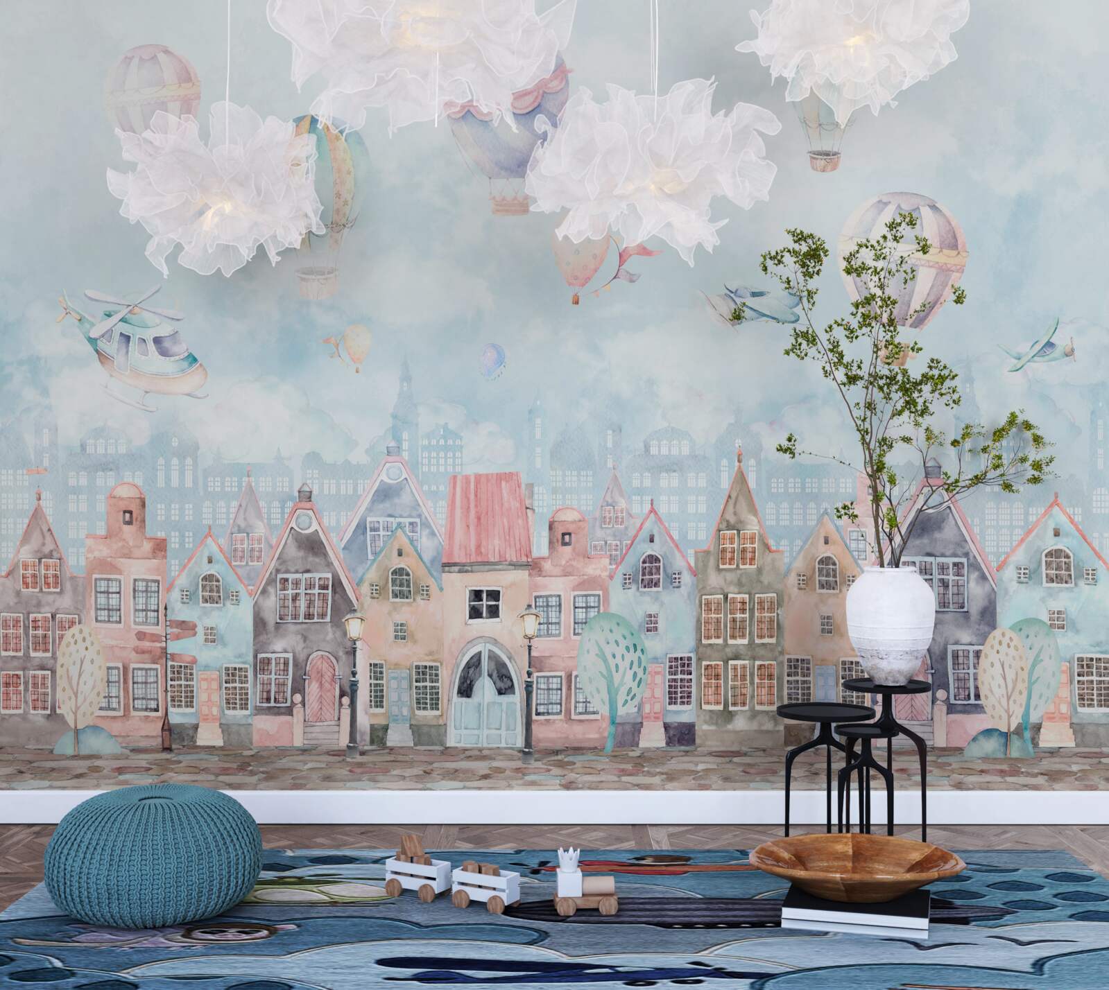 Fototapeta teplovzdušné balóny plávajú nad domami pomaľovanými rôznymi farbami