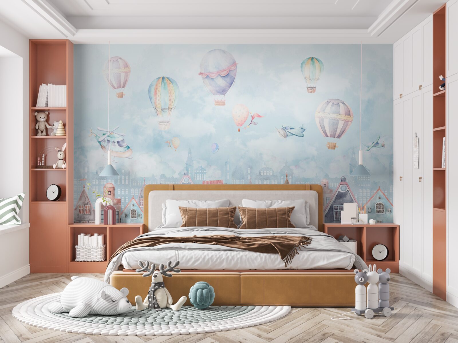 Fototapeta teplovzdušné balóny plávajú nad domami pomaľovanými rôznymi farbami