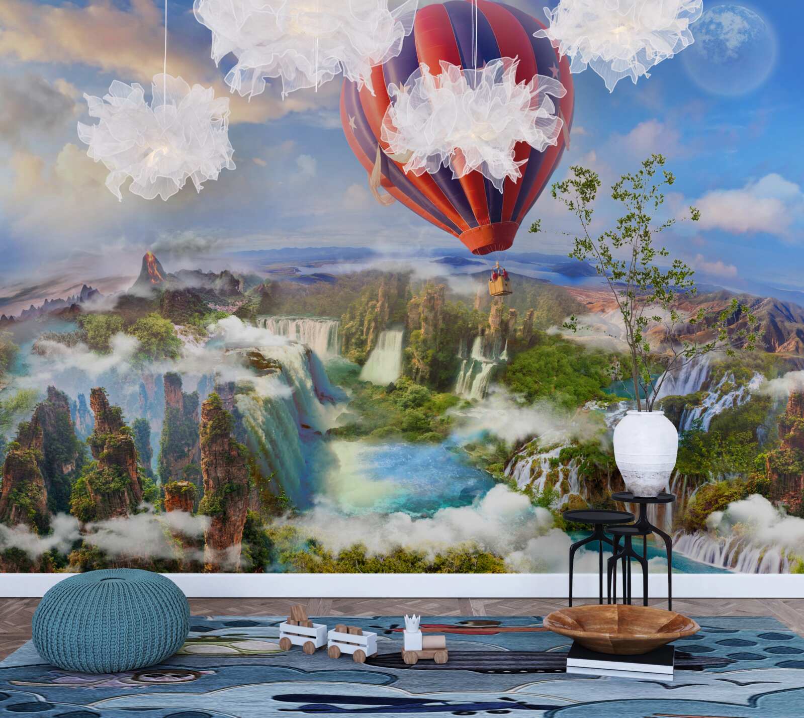 Fototapeta lopta plávajúca nad nádhernými vodopádmi