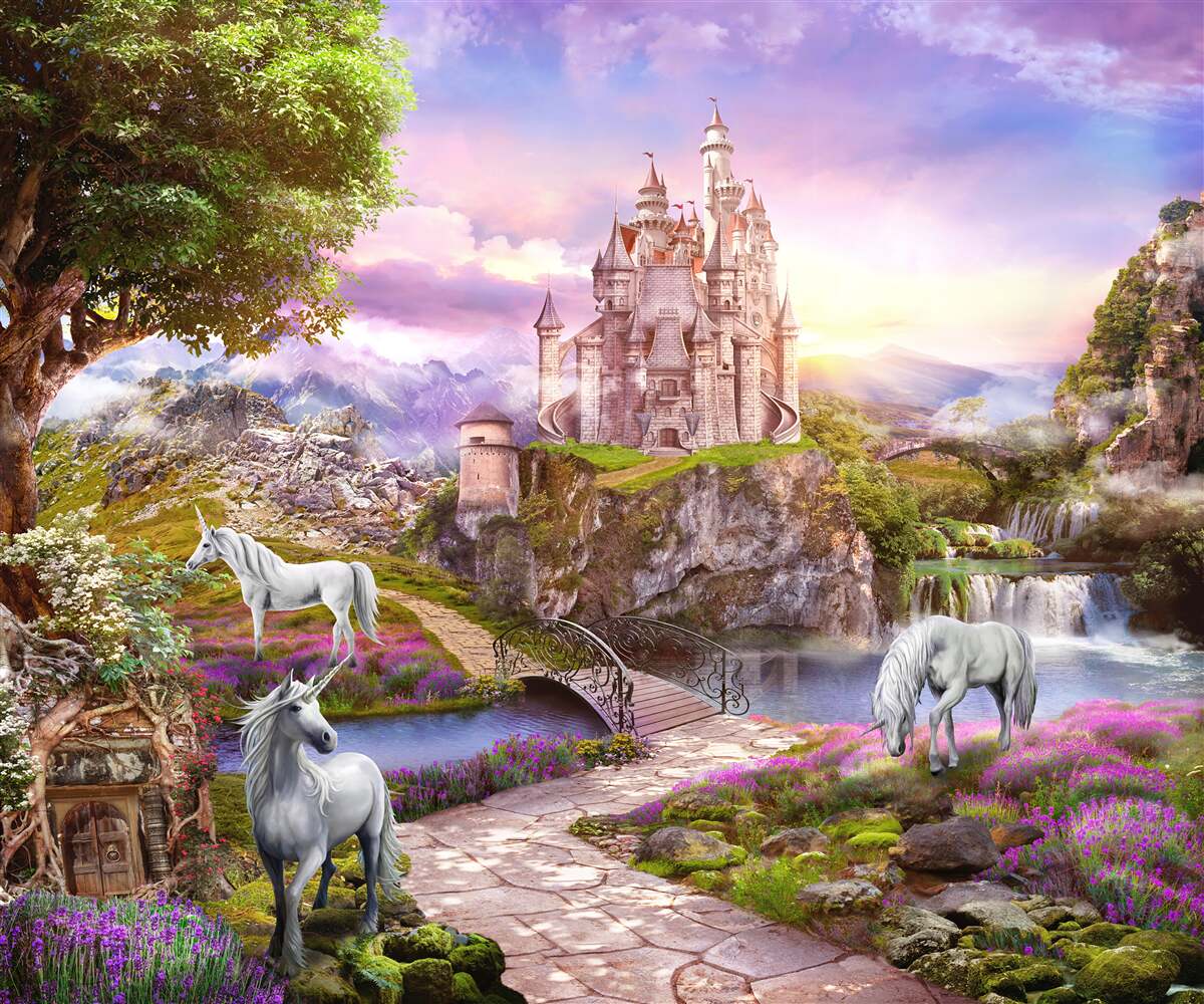 Fototapeta hrad na rieke uchváti prítomnosťou jednorožcov