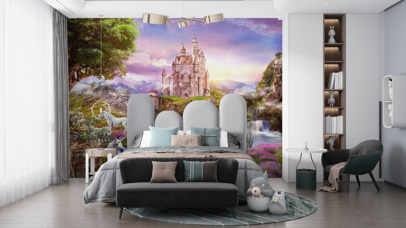 Fototapeta hrad na rieke uchváti prítomnosťou jednorožcov