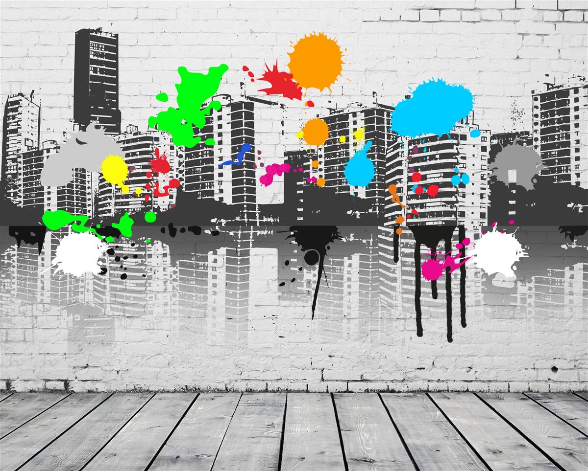 Fototapeta graffiti zobrazujúce mesto v čiernej a bielej farbe