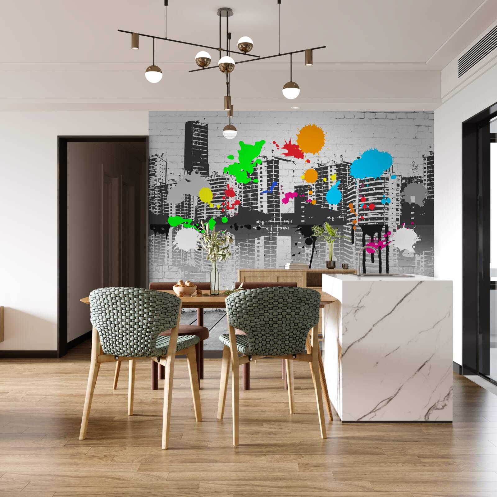 Fototapeta graffiti zobrazujúce mesto v čiernej a bielej farbe