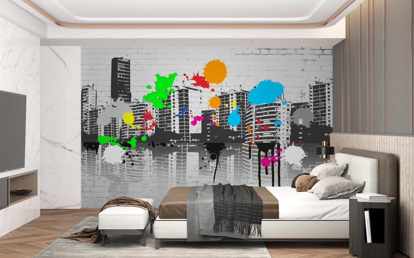 Fototapeta graffiti zobrazujúce mesto v čiernej a bielej farbe