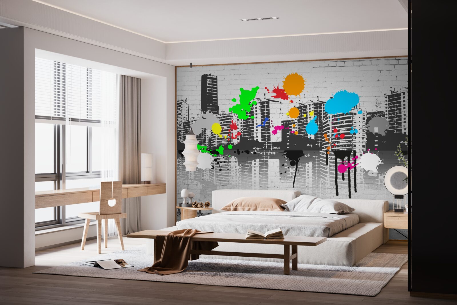 Fototapeta graffiti zobrazujúce mesto v čiernej a bielej farbe