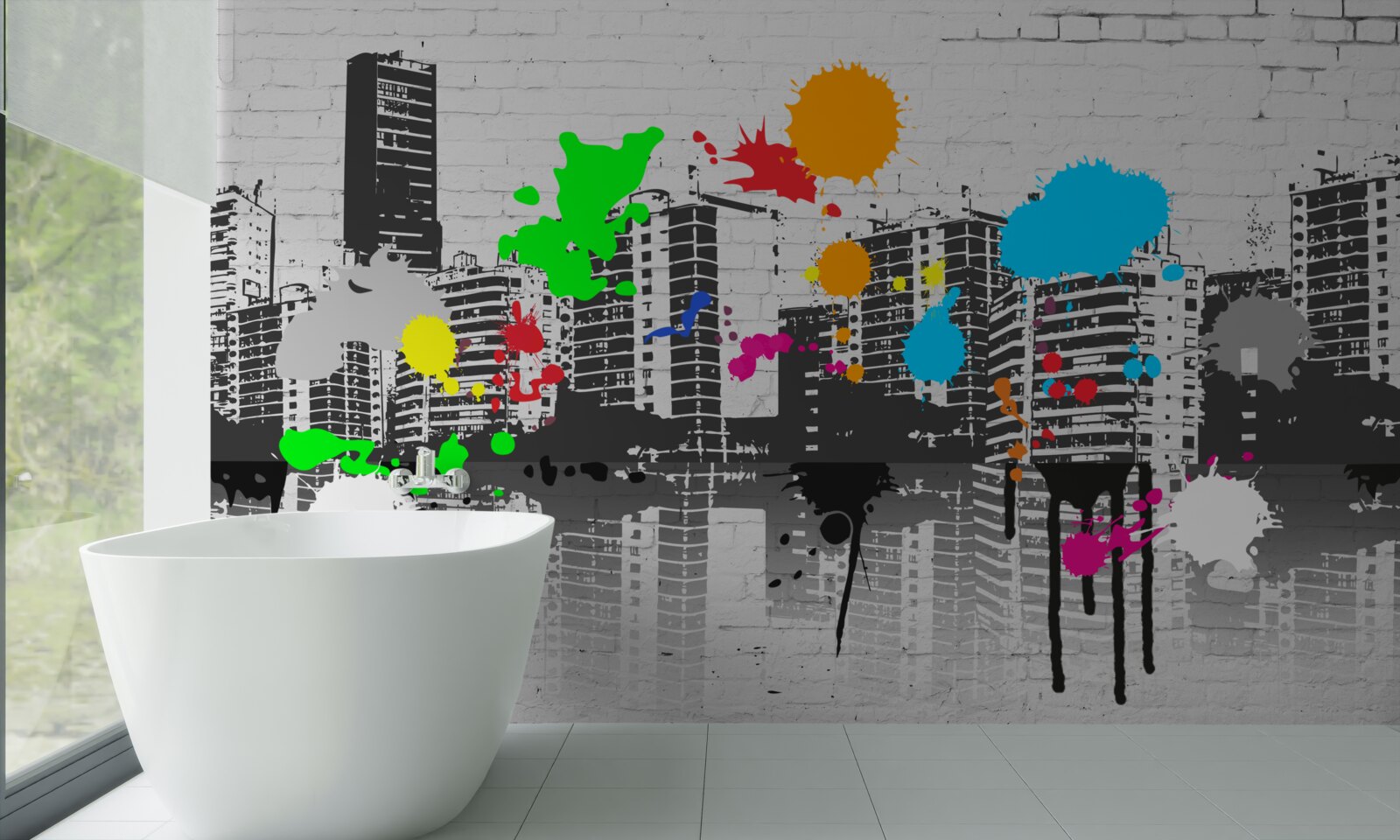 Fototapeta graffiti zobrazujúce mesto v čiernej a bielej farbe