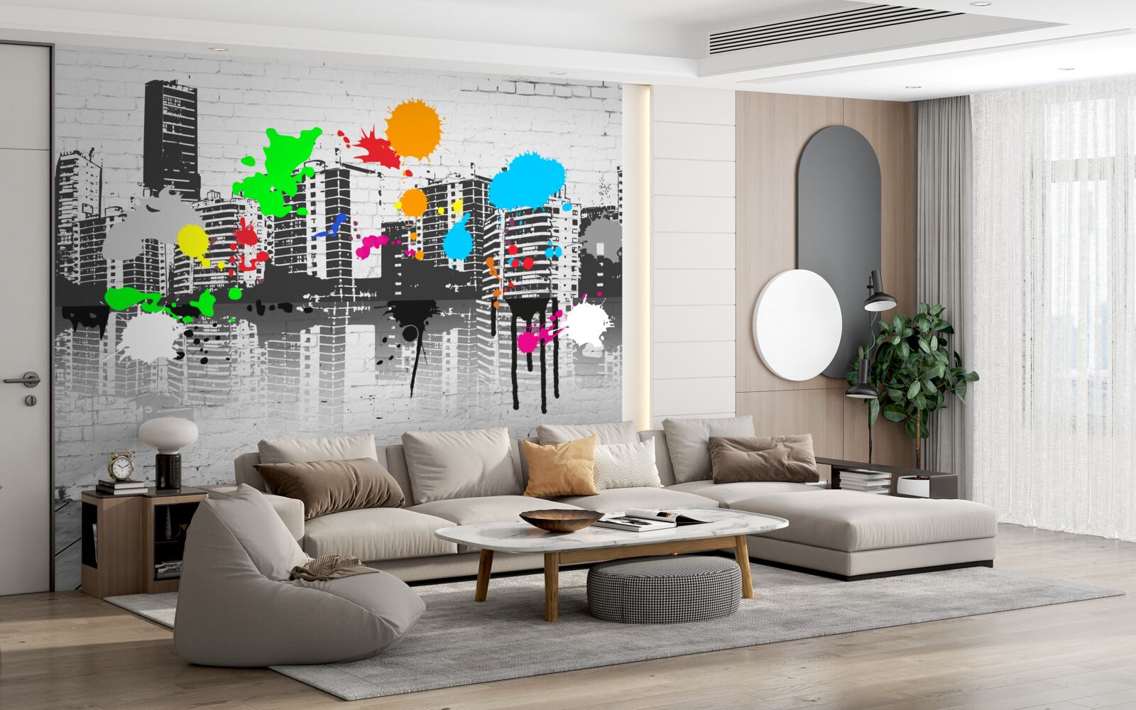 Fototapeta graffiti zobrazujúce mesto v čiernej a bielej farbe