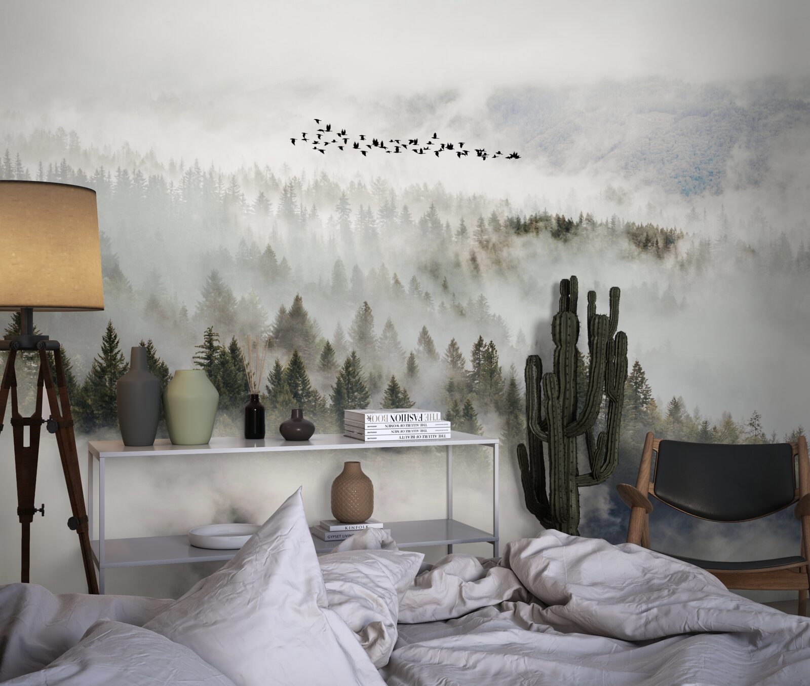 Fototapeta skupina vtákov vysoko nad zamračenou horskou húštinou