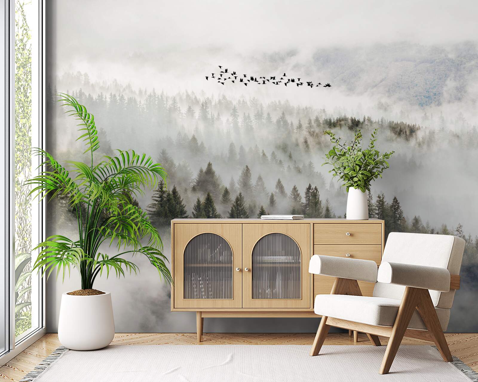 Fototapeta skupina vtákov vysoko nad zamračenou horskou húštinou