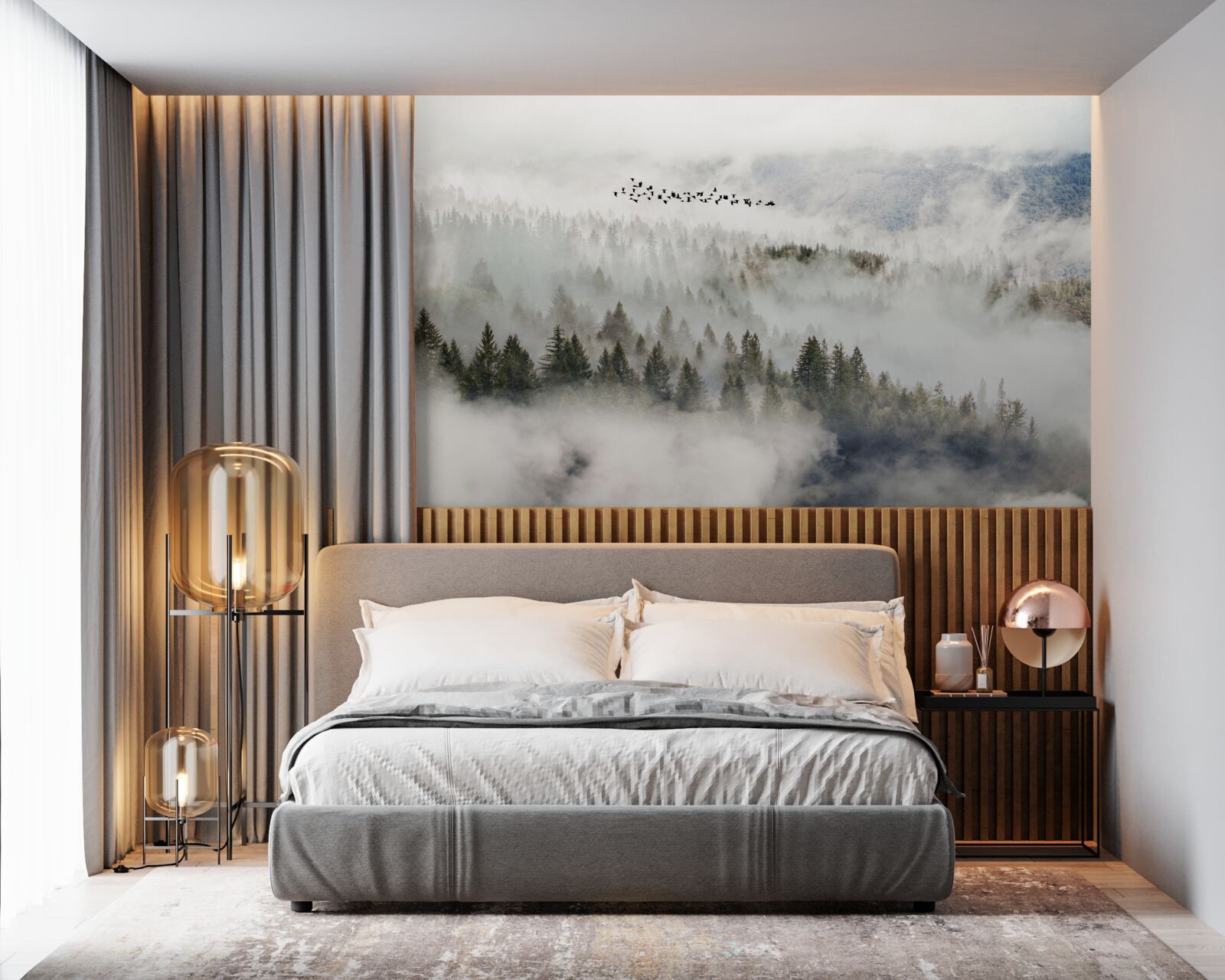 Fototapeta skupina vtákov vysoko nad zamračenou horskou húštinou