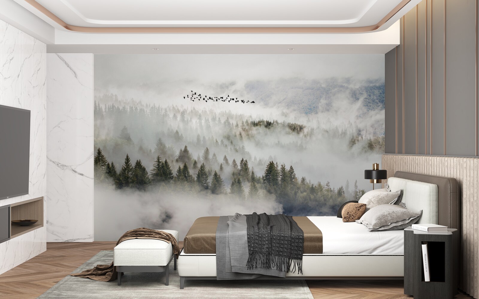 Fototapeta skupina vtákov vysoko nad zamračenou horskou húštinou