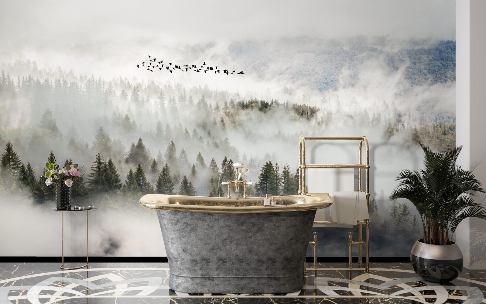 Fototapeta skupina vtákov vysoko nad zamračenou horskou húštinou