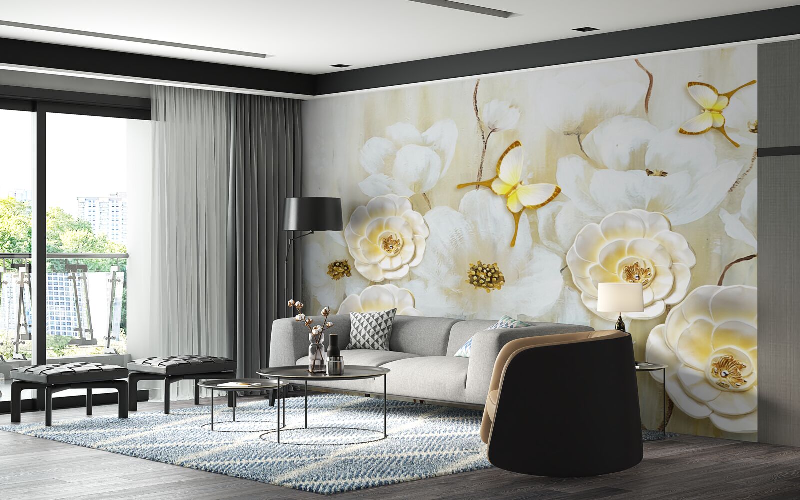 Fototapeta neobvyklé motýle a svetlé kvety