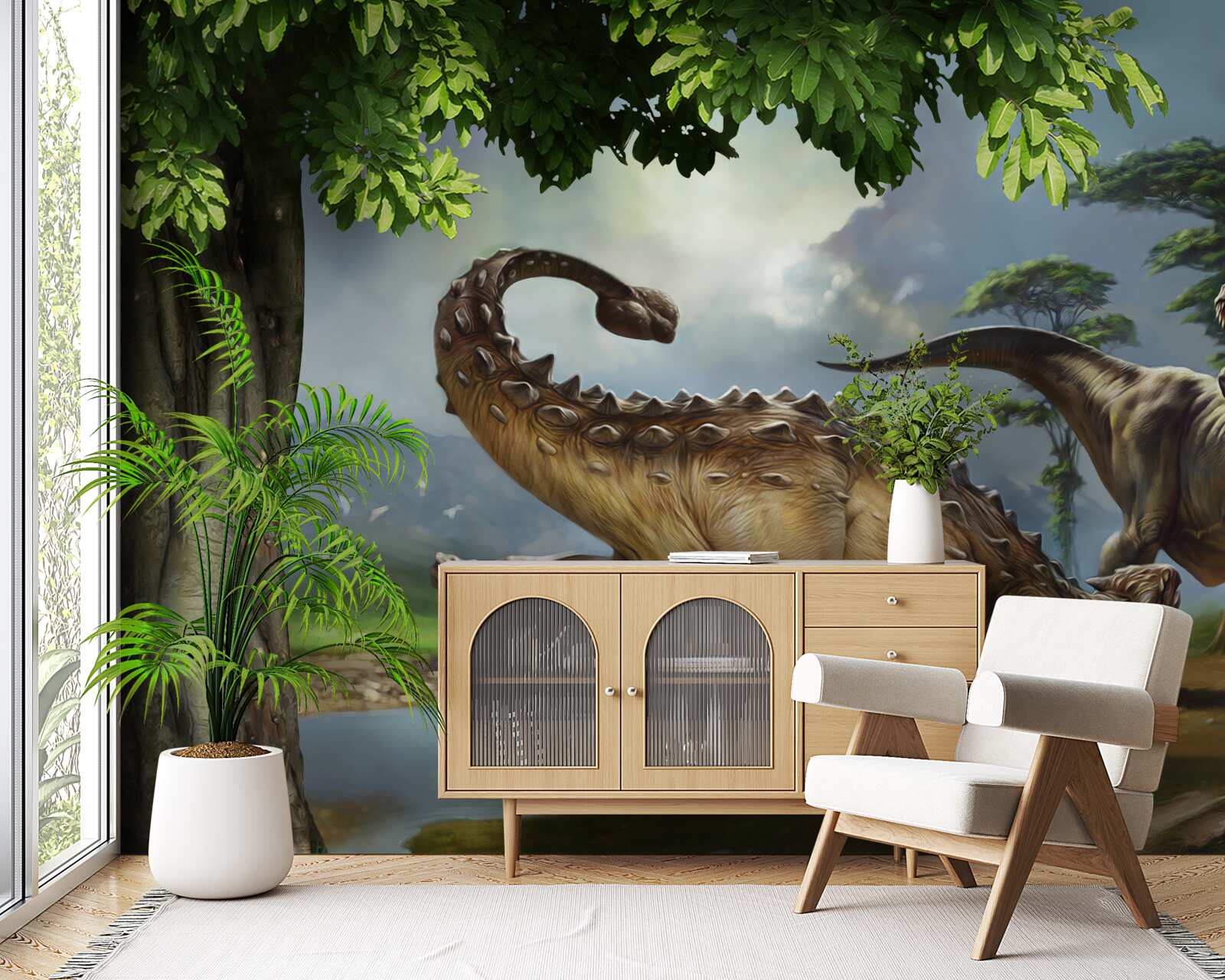 Fototapeta Dinosaury žijú v lese pri rybníku