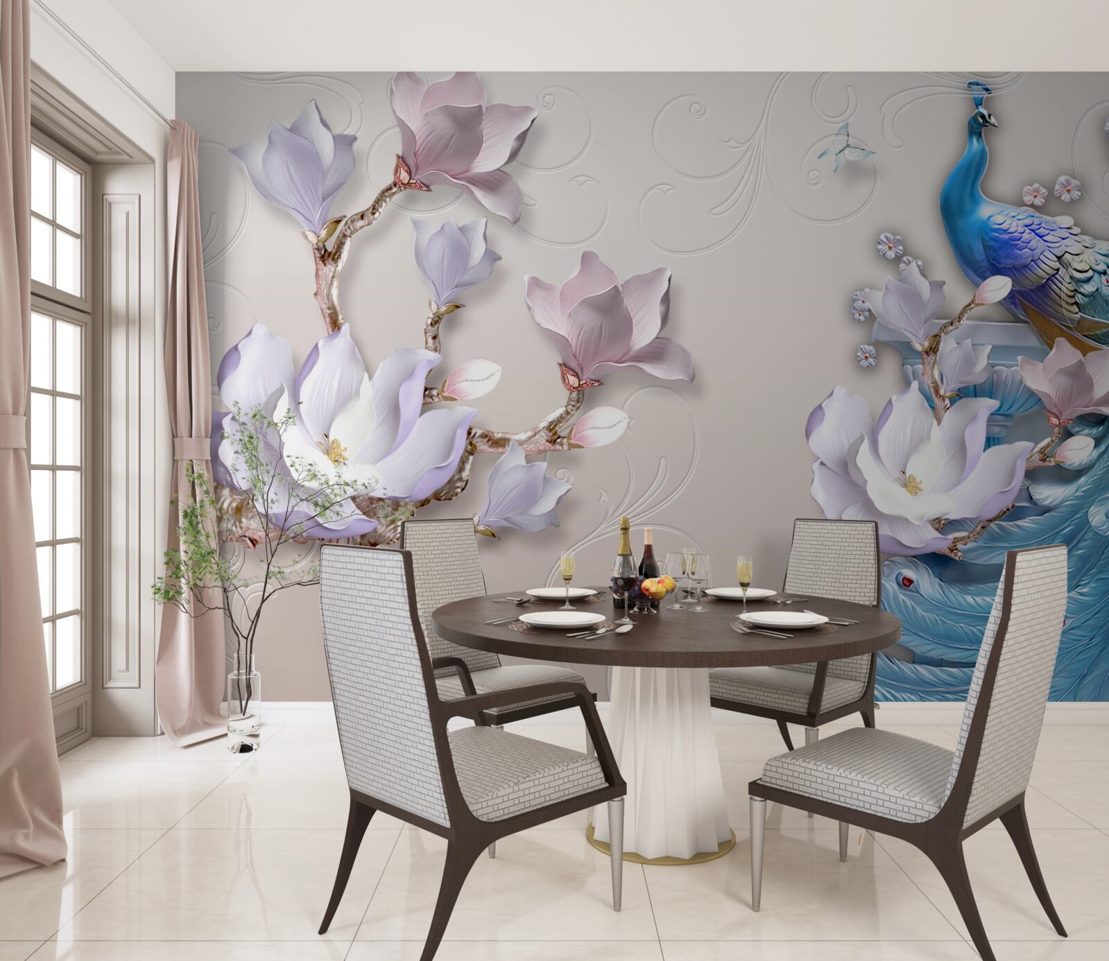 Fototapeta biele magnólie zdobia páv