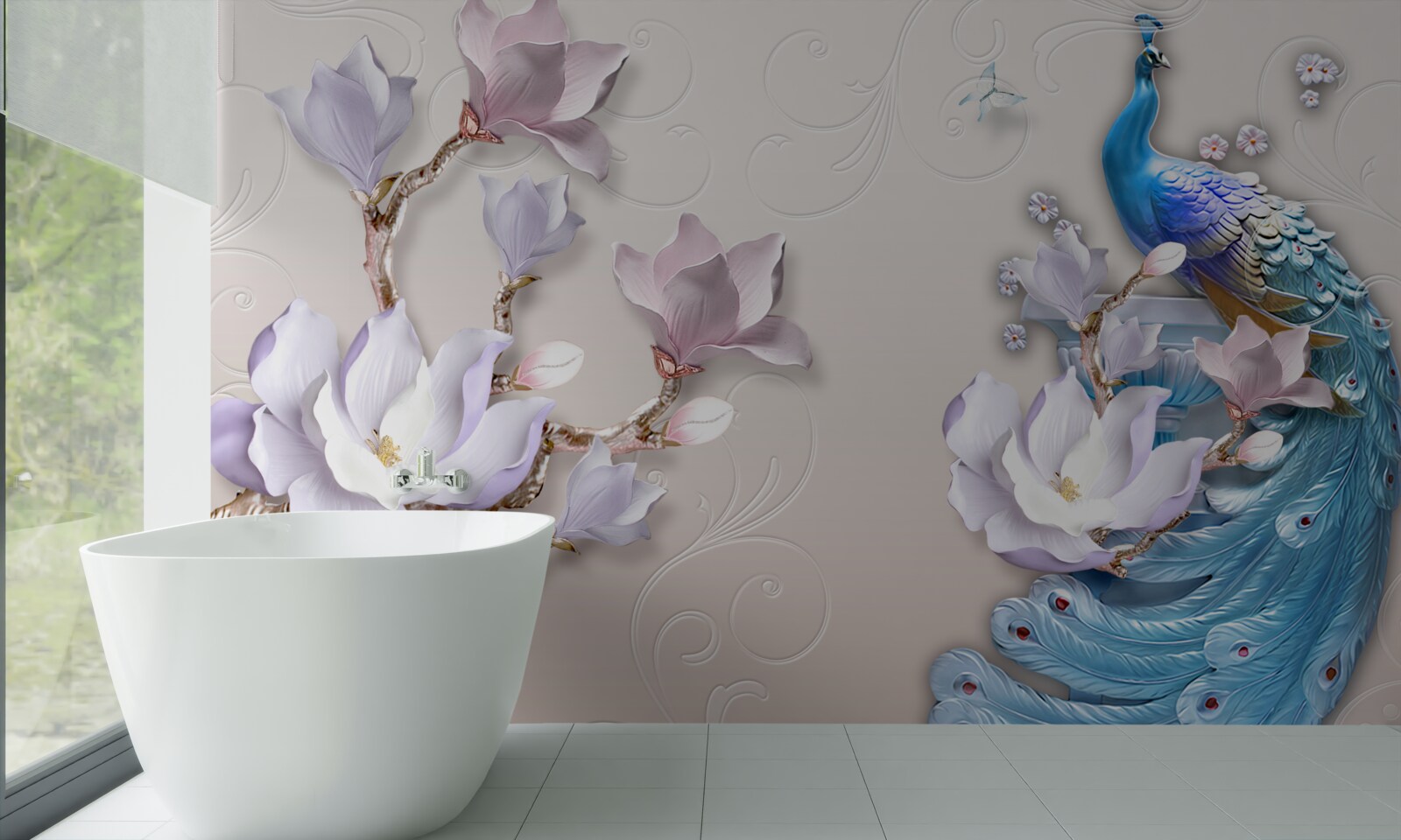 Fototapeta biele magnólie zdobia páv