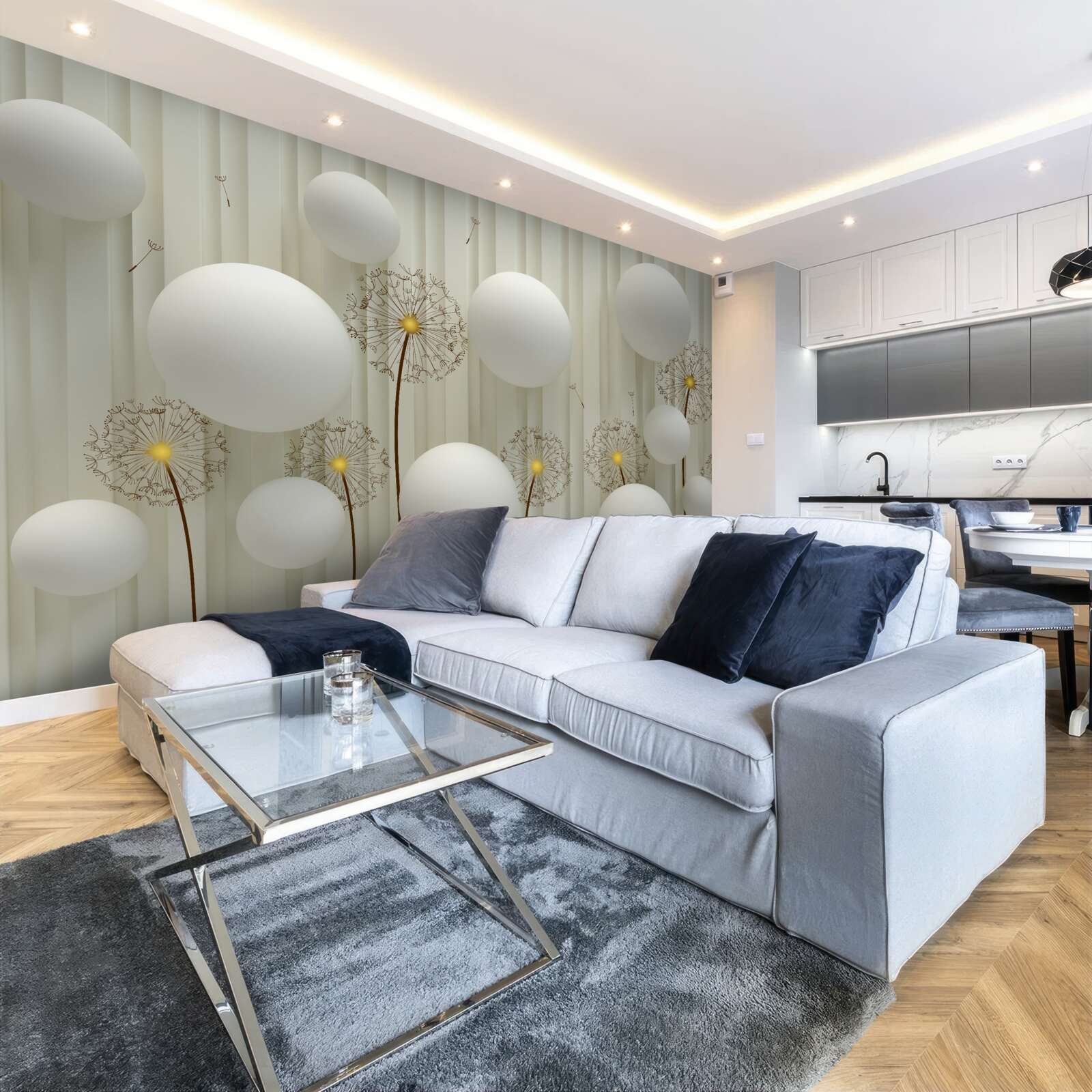 Fototapeta zloženie bielych guličiek a rozkvitnutých púpav