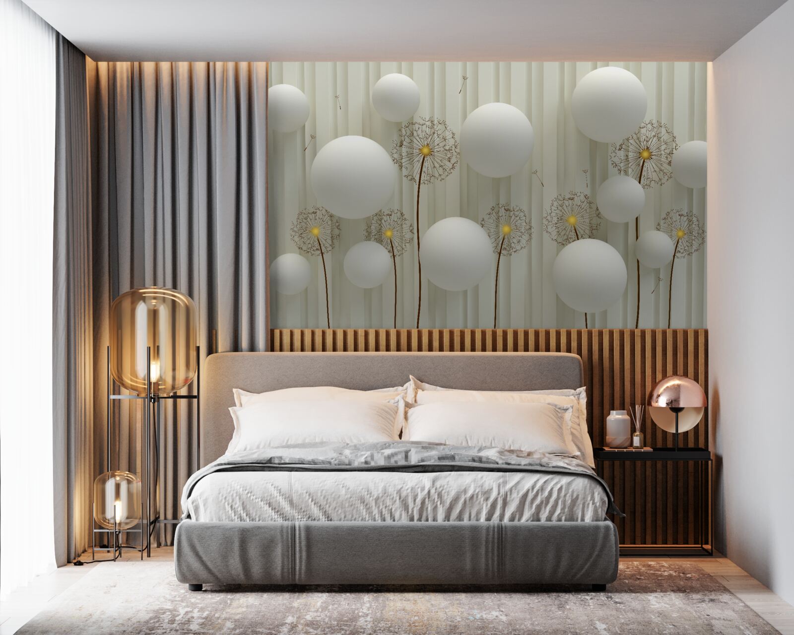 Fototapeta zloženie bielych guličiek a rozkvitnutých púpav