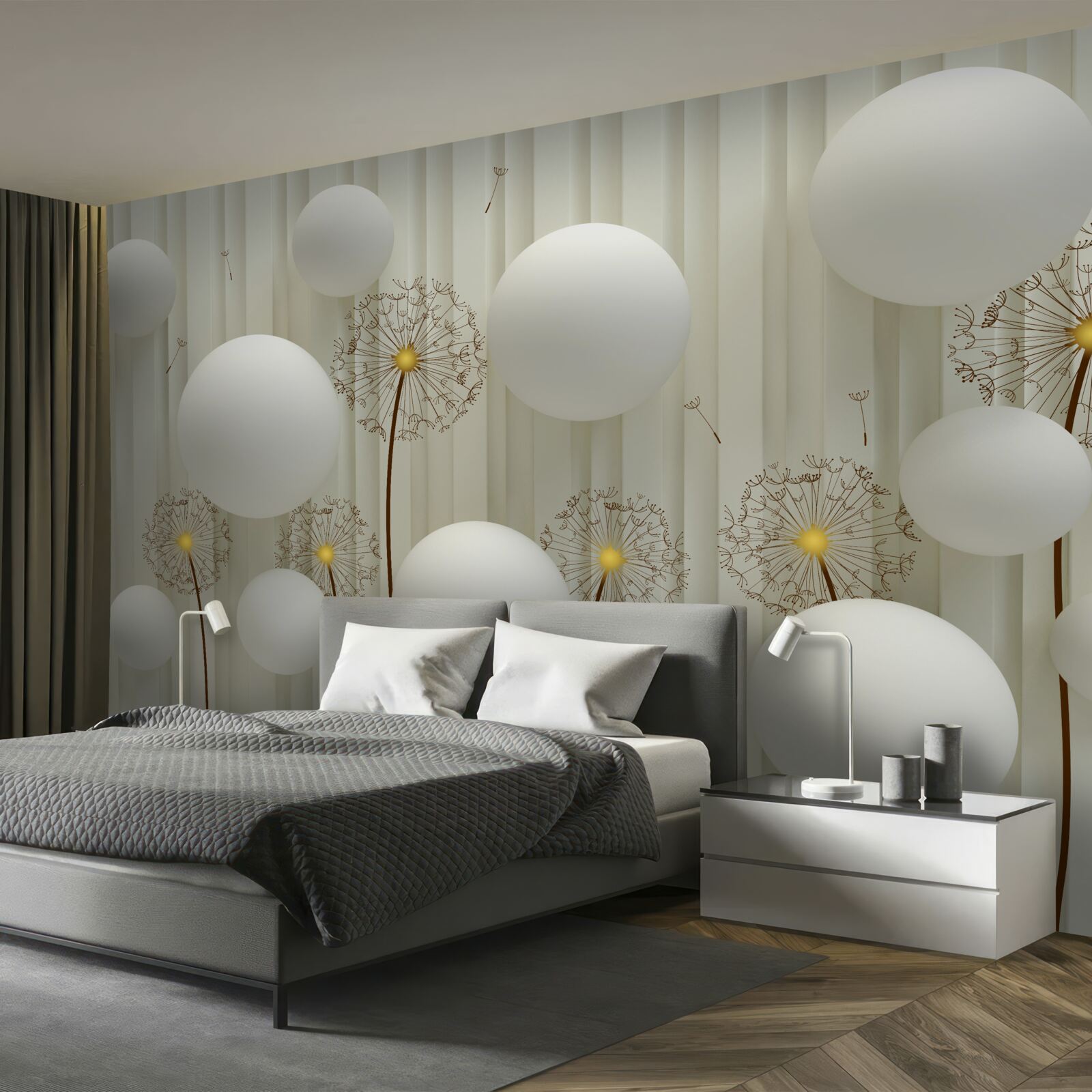 Fototapeta zloženie bielych guličiek a rozkvitnutých púpav