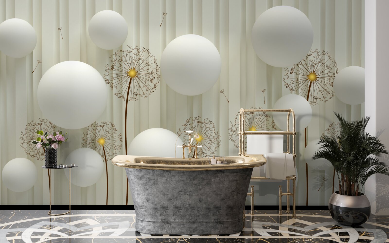 Fototapeta zloženie bielych guličiek a rozkvitnutých púpav