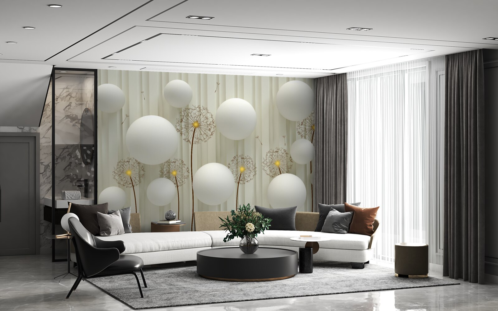 Fototapeta zloženie bielych guličiek a rozkvitnutých púpav