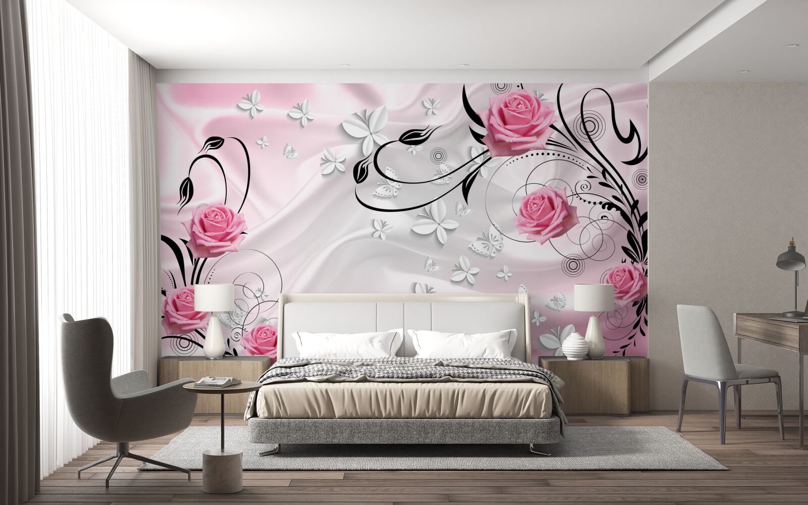 Fototapeta ružové ruže na pozadí snehobieleho hodvábu