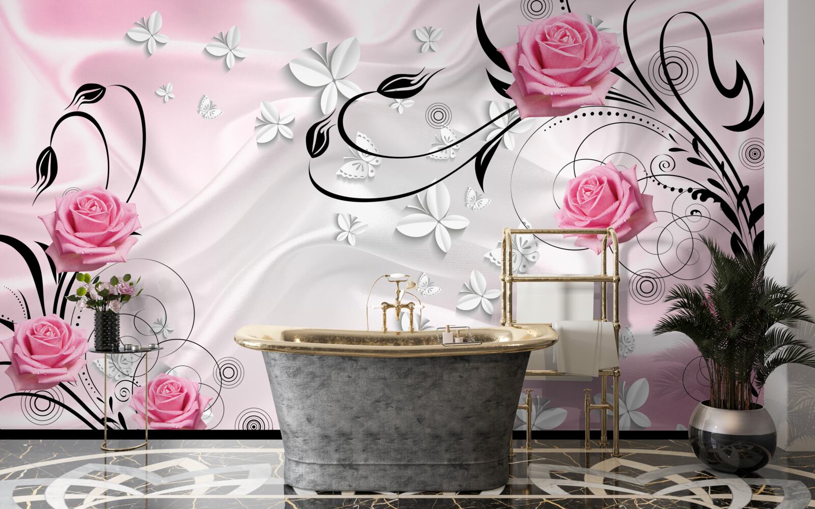 Fototapeta ružové ruže na pozadí snehobieleho hodvábu