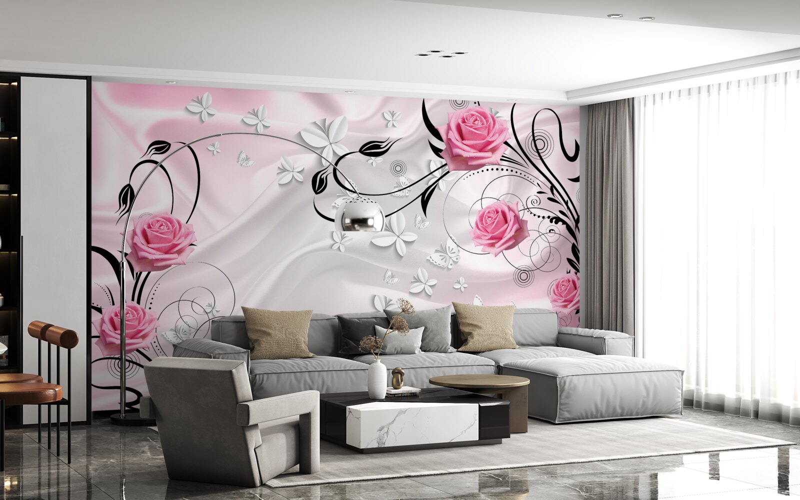 Fototapeta ružové ruže na pozadí snehobieleho hodvábu