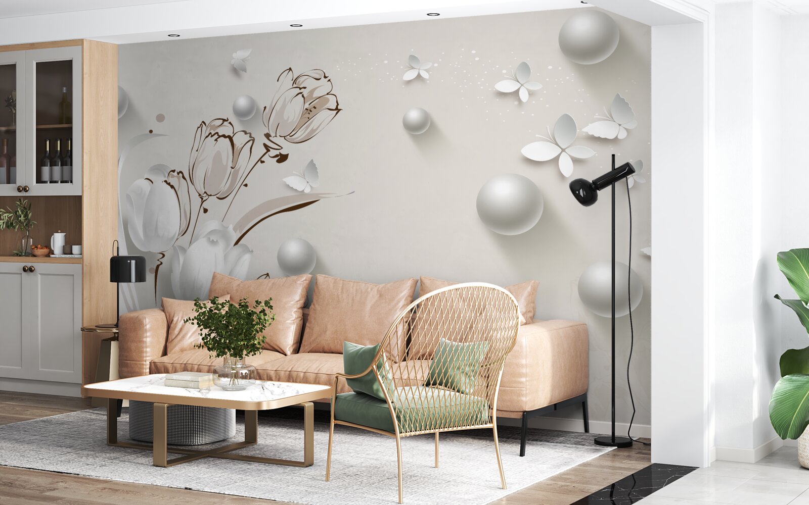 Fototapeta kvety zo zlata a perál v snehobielom odtieni