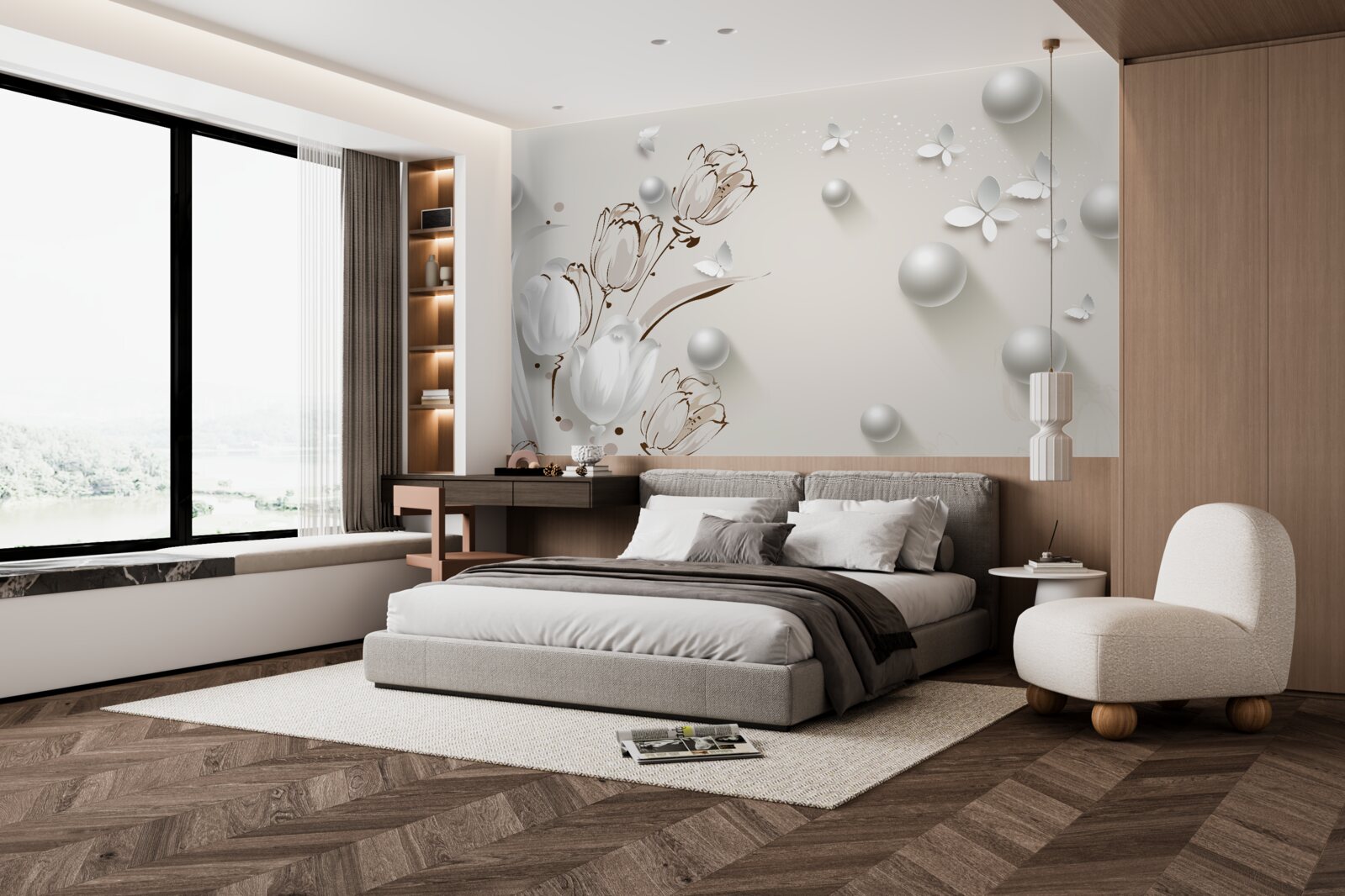 Fototapeta kvety zo zlata a perál v snehobielom odtieni