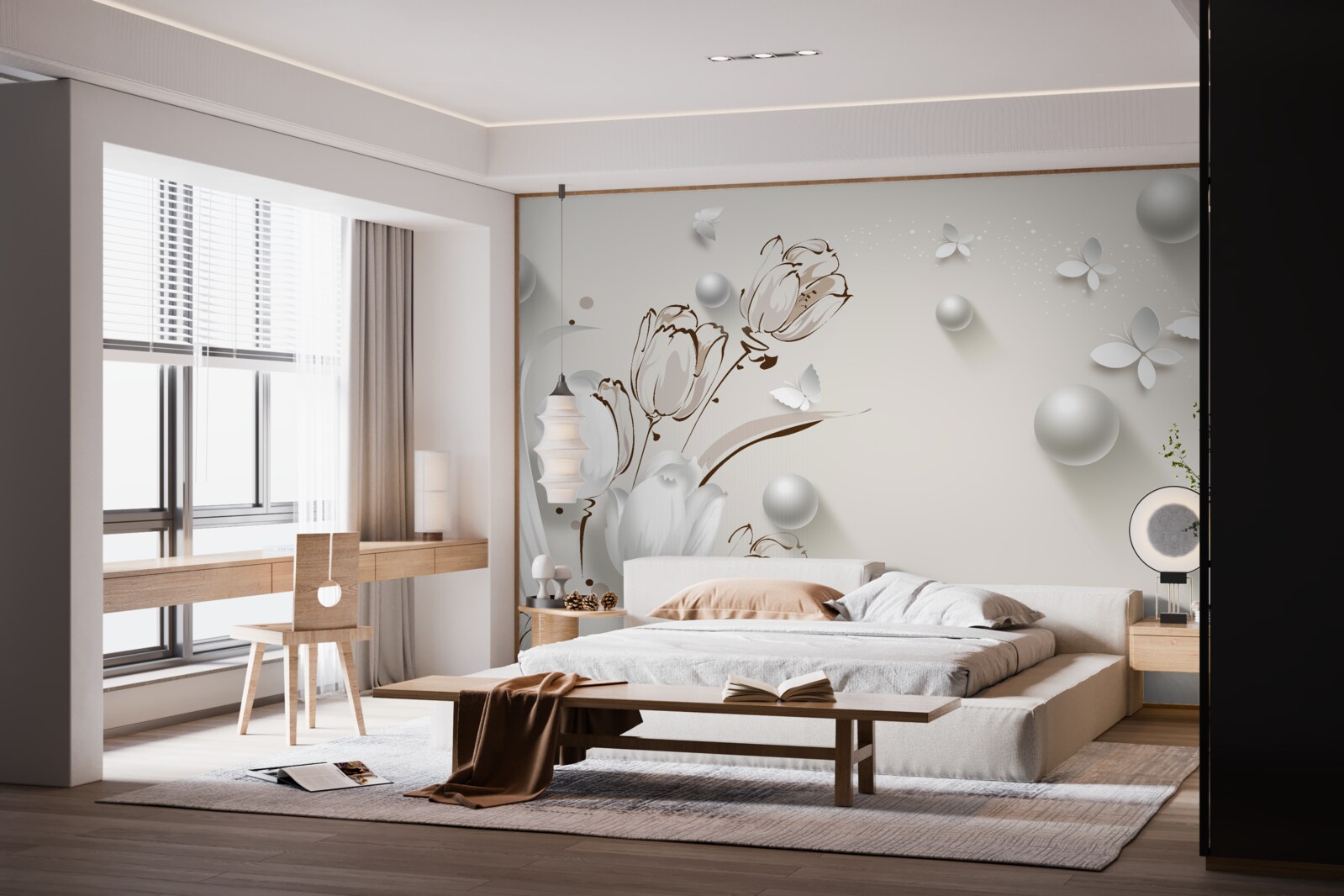 Fototapeta kvety zo zlata a perál v snehobielom odtieni