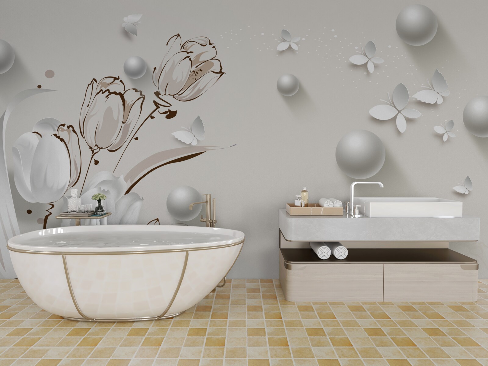 Fototapeta kvety zo zlata a perál v snehobielom odtieni