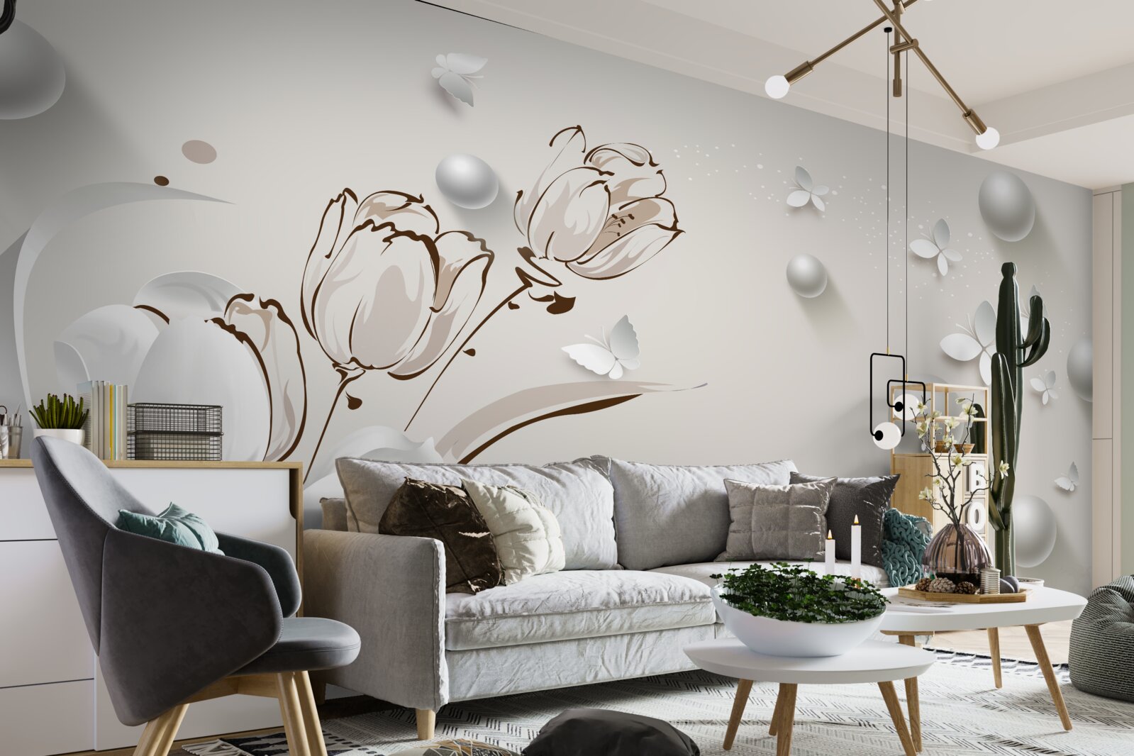 Fototapeta kvety zo zlata a perál v snehobielom odtieni