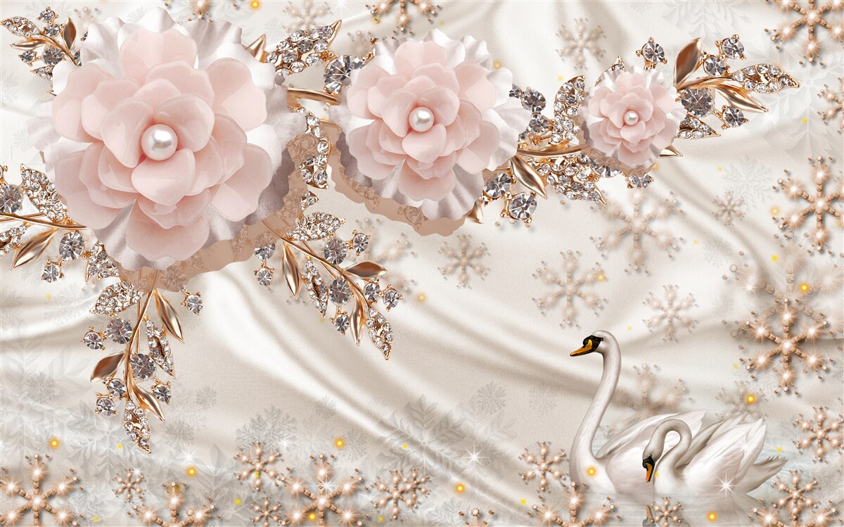 Fototapeta ružové kvety sú zdobené zlatými a snehovo bielymi labuťami