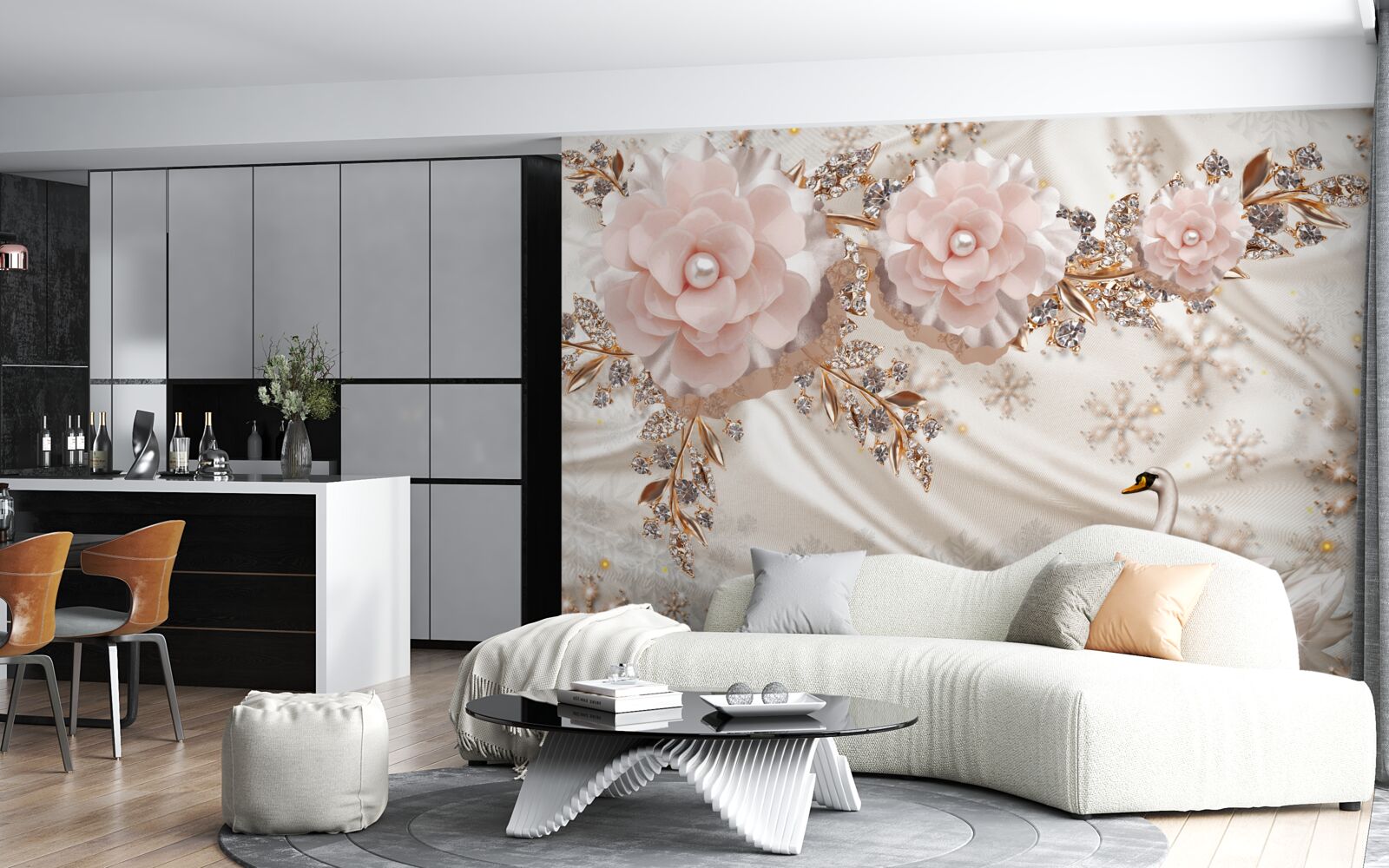 Fototapeta ružové kvety sú zdobené zlatými a snehovo bielymi labuťami