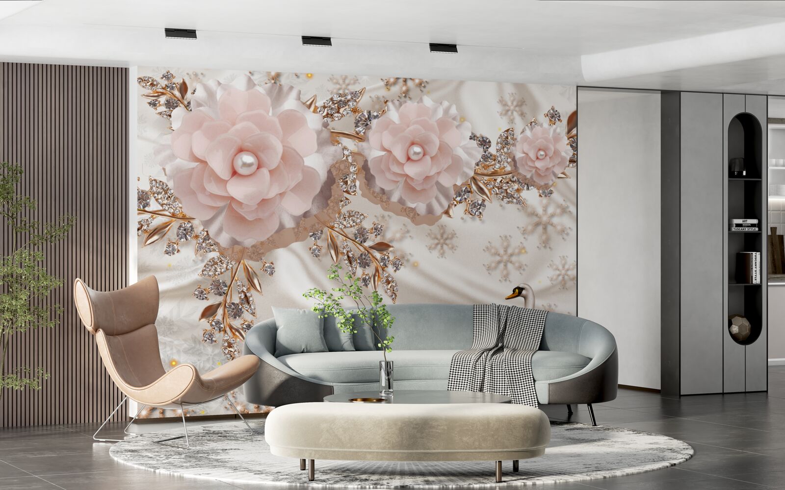 Fototapeta ružové kvety sú zdobené zlatými a snehovo bielymi labuťami