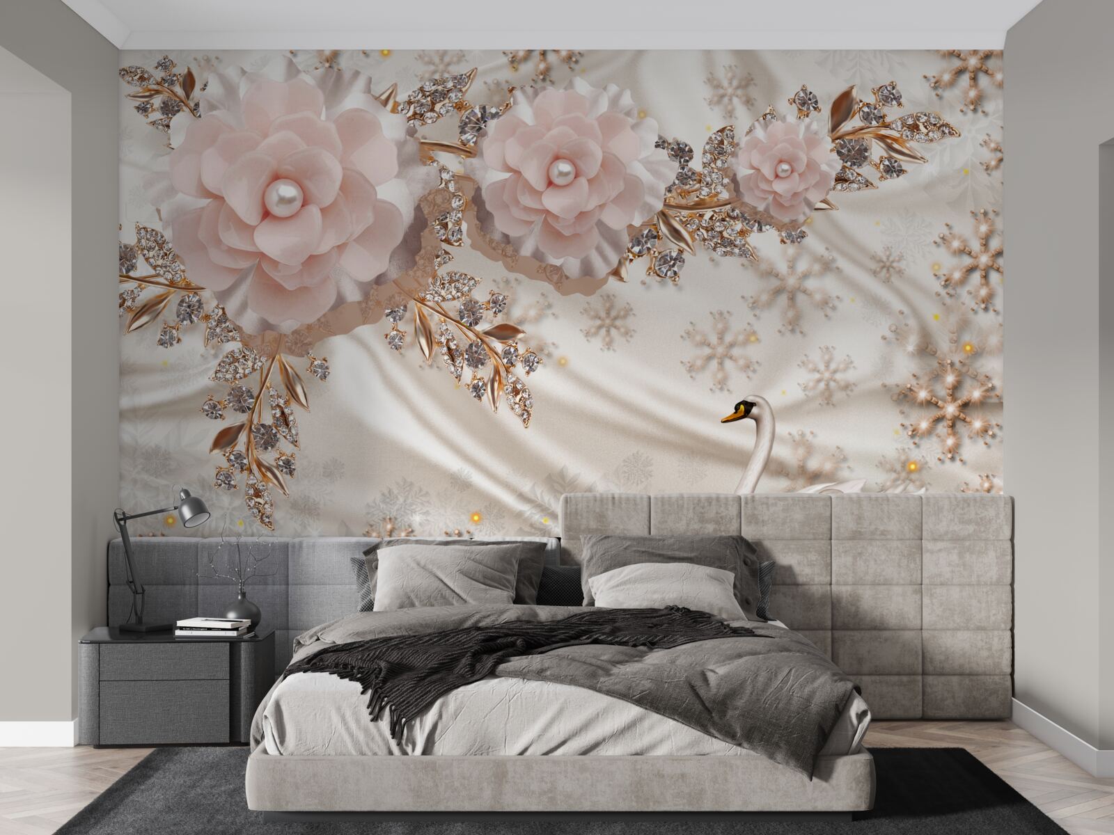 Fototapeta ružové kvety sú zdobené zlatými a snehovo bielymi labuťami