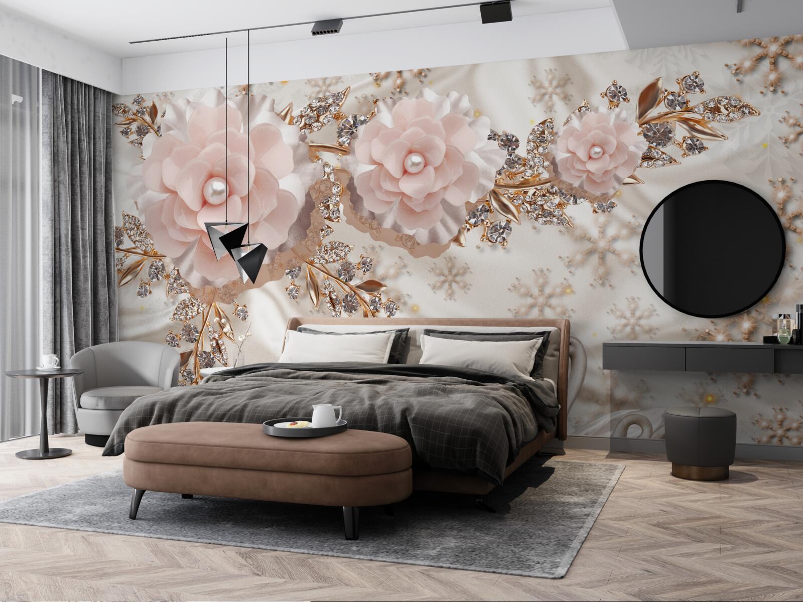 Fototapeta ružové kvety sú zdobené zlatými a snehovo bielymi labuťami