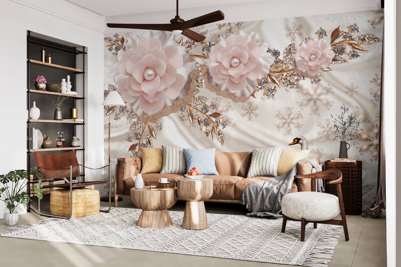 Fototapeta ružové kvety sú zdobené zlatými a snehovo bielymi labuťami