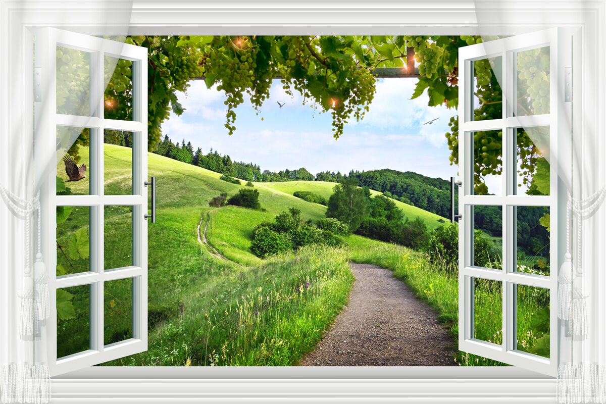 Fototapeta okno s výhľadom na panorámu zelených lúk