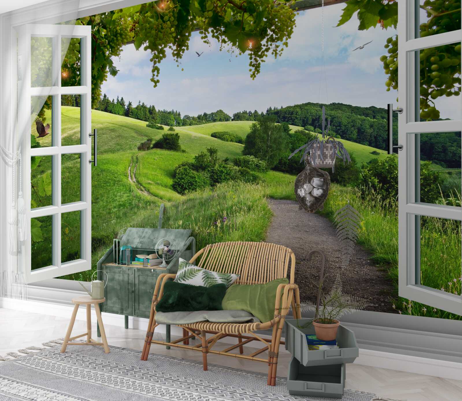 Fototapeta okno s výhľadom na panorámu zelených lúk